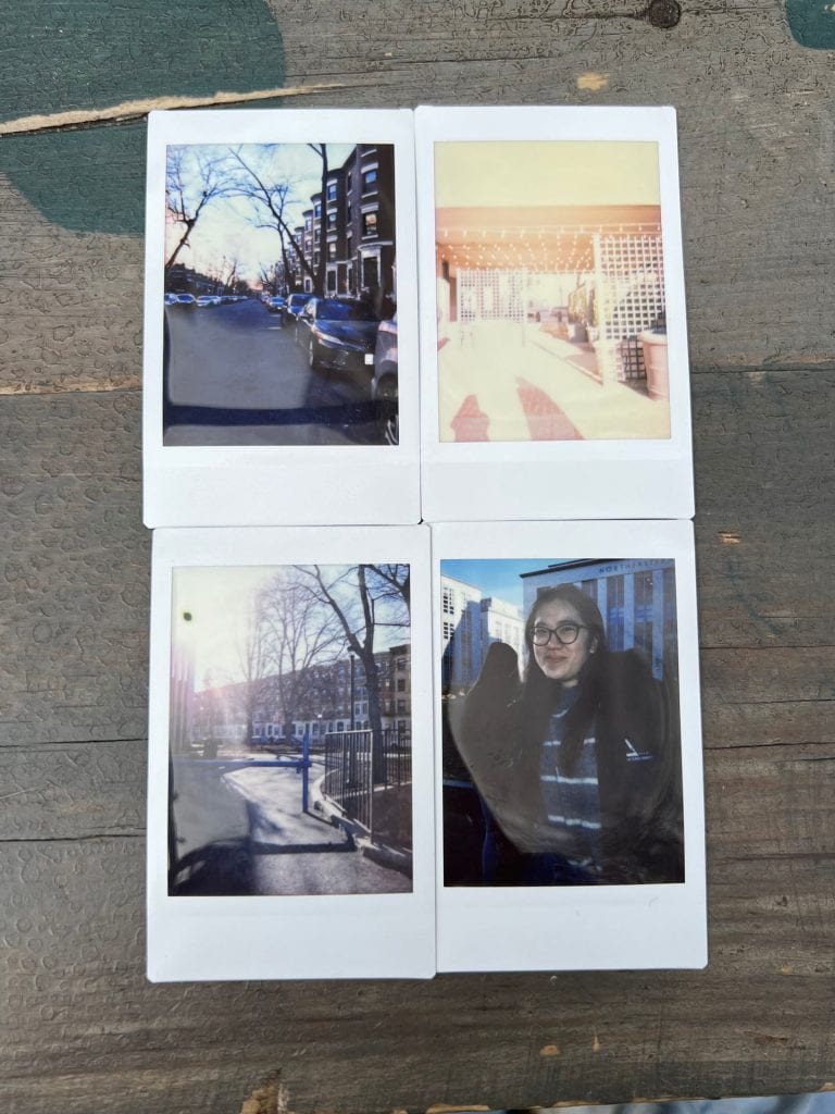 four instant film photos: one of a portrait and three of Boston city streets